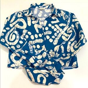 Haute Hippie boho tie front long sleeve linen blend top. Beachy blues and cream